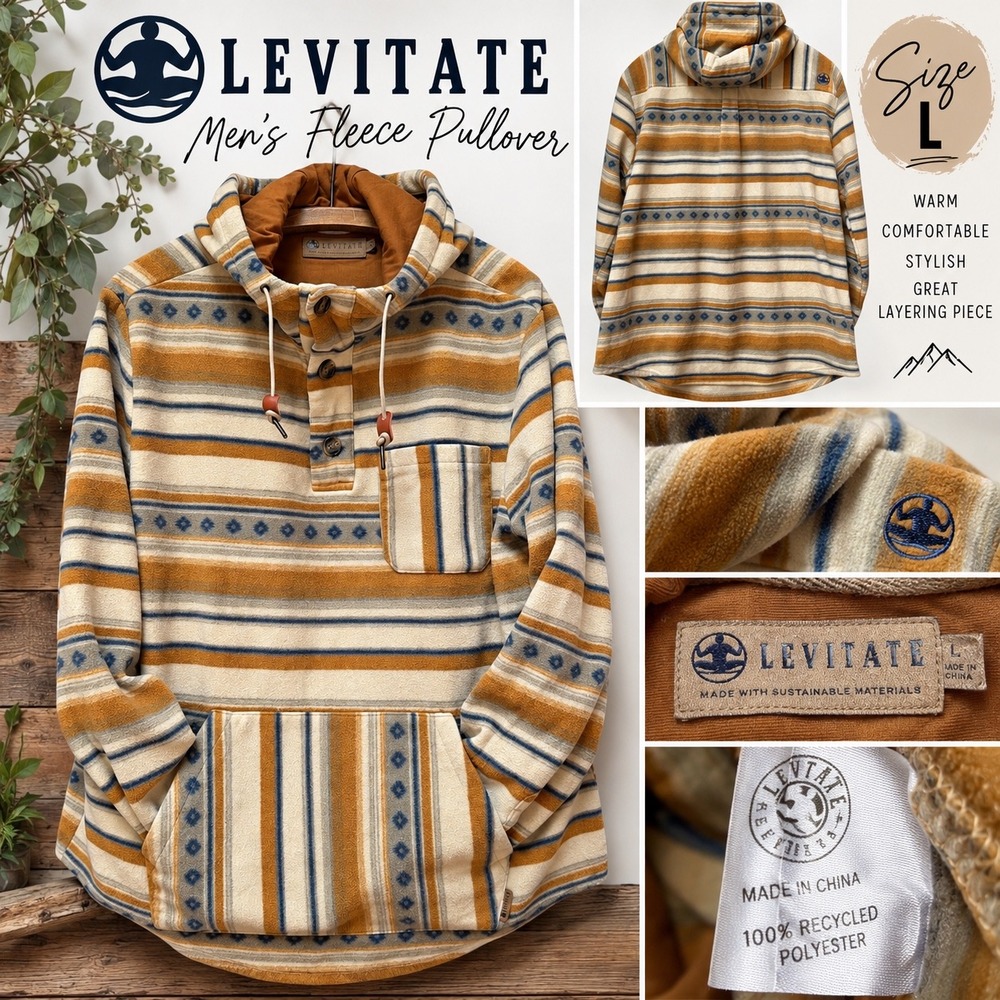 Levitate Mens Fleece Pullover Hoodie Southwestern Stripe Recycled Earth Tones L